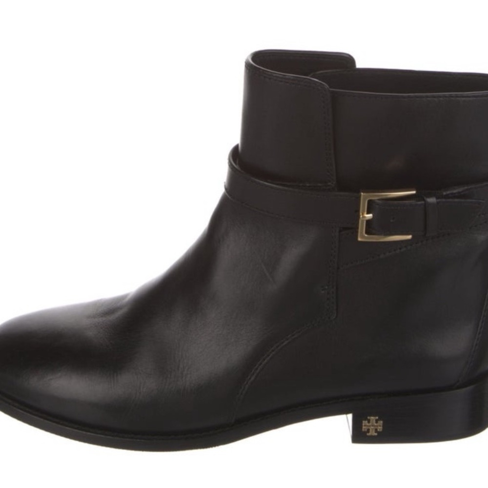 Tory Burch Black Ankle Booties with Gold Buckle
